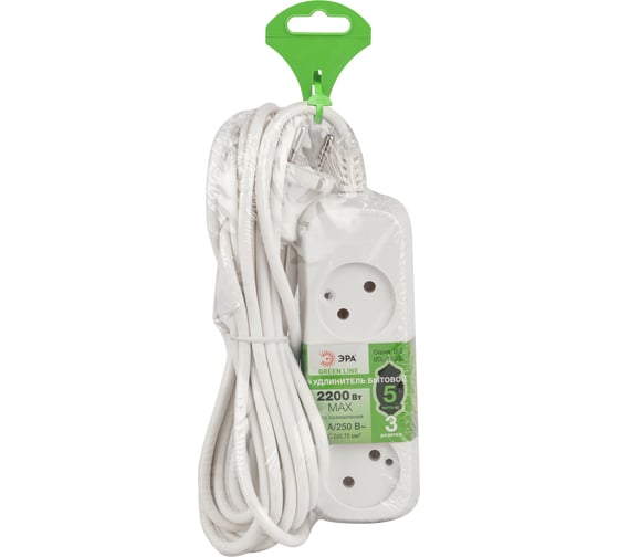 Удлинитель электрический  ЭРА UDL10350 Greenline 3 розетки без заземления 5м ПВС 2x0.75мм2 Б0065073
