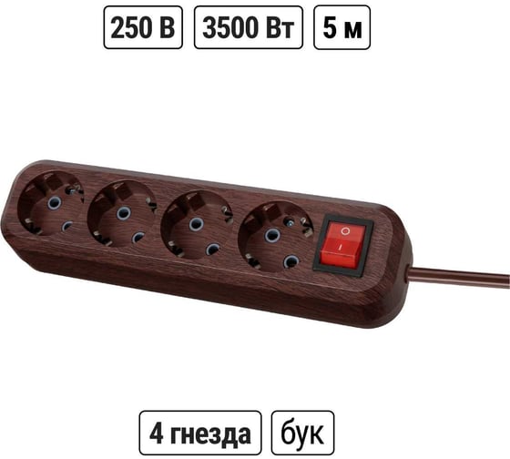 Удлинитель сетевой TDM ELECTRIC с выключателем, 4 розетки, 5 метров, ПВС 3х1мм2 Эко (бук) 16А 250В SQ1303-3112