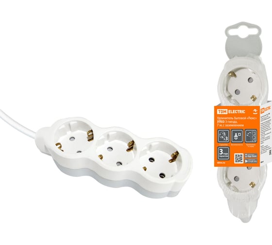 Бытовой удлинитель TDM ELECTRIC Люкс УЛ03 3 гнезда, 7м, ПВС 3х1мм2 16А/250В бело-серый SQ1303-0281 1