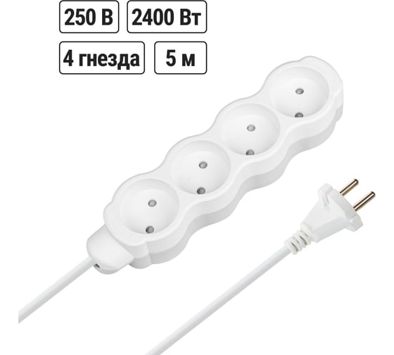 Удлинитель сетевой TDM ELECTRIC 4 розетки, 5 метров, с защитной шторкой, ПВС 2х0,75 мм2 10А 250В бело-серый SQ1303-0228 1