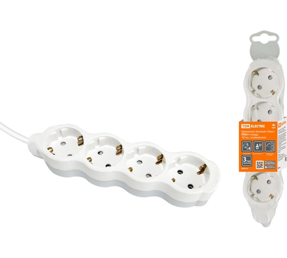 Бытовой удлинитель TDM ELECTRIC Люкс УЛ04 4 гнезда, 10м, ПВС 3х1мм2 16А/250В бело-серый SQ1303-0284 1
