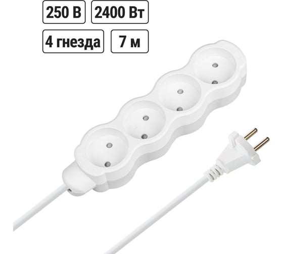 Удлинитель сетевой TDM ELECTRIC 4 розетки, 7 метров, с защитной шторкой, ПВС 2х0,75 мм2 10А 250В бело-серый SQ1303-0188 1