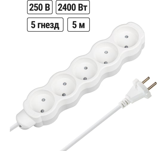 Удлинитель сетевой TDM ELECTRIC 5 розеток, 5 метров, с защитной шторкой, ПВС 2х0,75 мм2 10А 250В бело-серый SQ1303-0231 1
