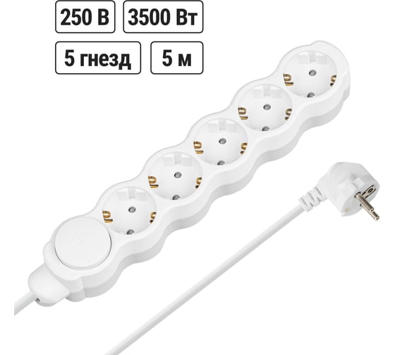 Удлинитель сетевой TDM ELECTRIC с выключателем, 5 розеток, 5 метров, с заземлением, с защитной шторкой, ПВС 3х1мм2 16А 250В бело-серый SQ1303-0138 1