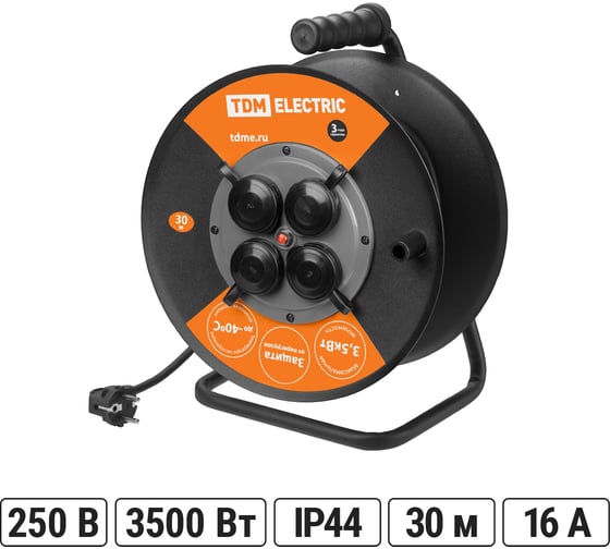 Силовой удлинитель TDM ELECTRIC УХз16-004 металлическая катушка, А3, 4 места IP44/30м КГ 3х1,5 SQ1301-0160