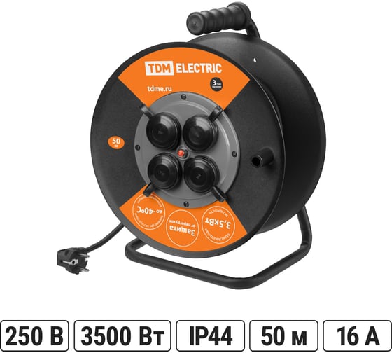 Силовой удлинитель TDM ELECTRIC УХз16-004 металлическая катушка, А3, 4 места IP44/50м КГ 3х2,5 SQ1301-0172