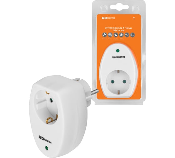 Сетевой фильтр TDM ELECTRIC 1 гнездо, 2П+З, с защитными шторками, 16А, 250В, белый SQ1806-0185