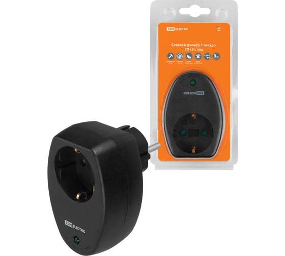 Сетевой фильтр TDM ELECTRIC 1 гнездо, 2П+З, с защитными шторками, 16А, 250В, черный SQ1806-0186