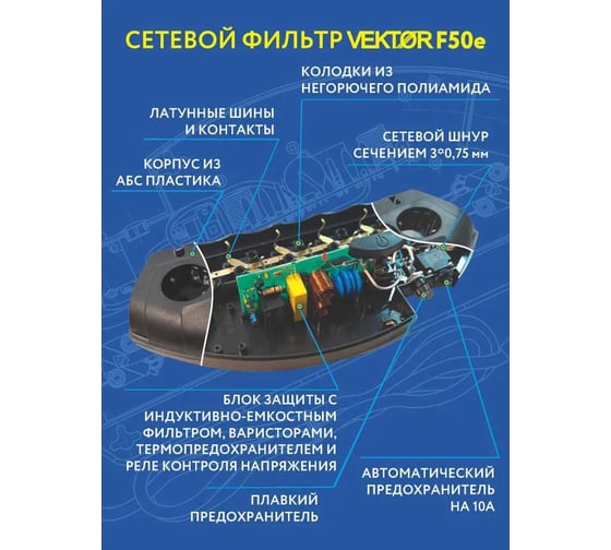 Сетевой фильтр Vektor F-50Е черный 1.8м (защита от 380В) 28589