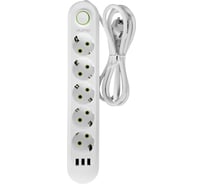 Сетевой фильтр QUMO Power Bar Light SPFS (P-0009), 5 розеток, 2500 Вт, 10A, кабель 3м 3*0,75 мм CCA, пожаробезопасный пластик, евровилка, 3 USB-A порта 1A суммарно (цвет белый) 51554