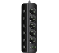 Сетевой фильтр QUMO Power Bar SPFSU (P-0009), 5 выключаемых розеток, 2500 Вт, 10A, кабель 3м 3*1 мм чистая медь, пожаробезопасный пластик, евровилка, 2 USB-A и 1 Type-C порт 2,4A суммарно (цвет черный) 51559