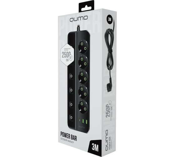 Сетевой фильтр QUMO Power Bar SPFSU (P-0009), 5 выключаемых розеток, 2500 Вт, 10A, кабель 3м 3*1 мм чистая медь, пожаробезопасный пластик, евровилка, 2 USB-A и 1 Type-C порт 2,4A суммарно (цвет черный) 51559