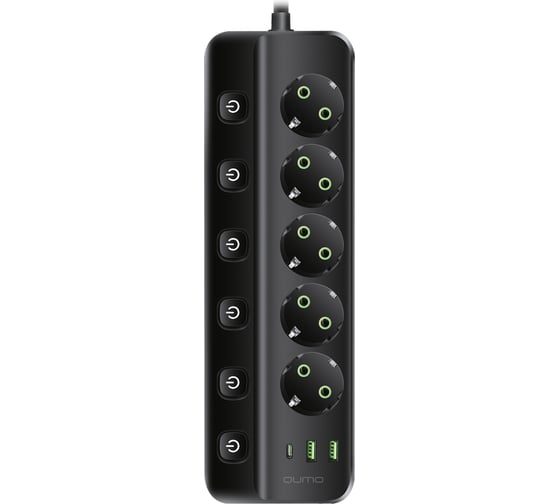 Сетевой фильтр QUMO Power Bar SPFSU (P-0009), 5 выключаемых розеток, 2500 Вт, 10A, кабель 2м 3*1 мм чистая медь, пожаробезопасный пластик, евровилка, 2 USB-A и 1 Type-C порт 2,4A суммарно (цвет черный) 51557