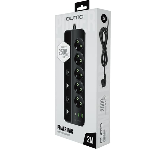 Сетевой фильтр QUMO Power Bar SPFSU (P-0009), 5 выключаемых розеток, 2500 Вт, 10A, кабель 2м 3*1 мм чистая медь, пожаробезопасный пластик, евровилка, 2 USB-A и 1 Type-C порт 2,4A суммарно (цвет черный) 51557