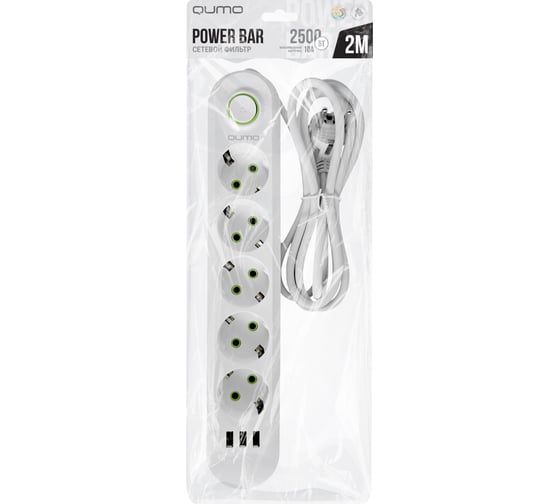Сетевой фильтр QUMO Power Bar Light SPFS (P-0009), 5 розеток, 2500 Вт, 10A, кабель 2м 3*0,75 мм CCA, пожаробезопасный пластик, евровилка, 3 USB-A порта 1A суммарно (цвет белый) 51552