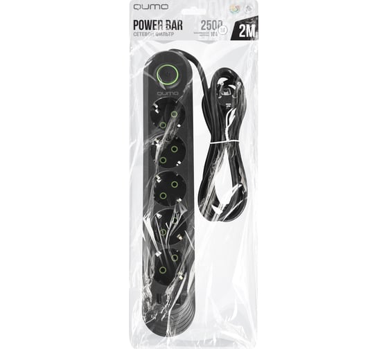 Сетевой фильтр QUMO Power Bar Light SPFS (P-0009), 5 розеток, 2500 Вт, 10A, кабель 2м 3*0,75 мм CCA, пожаробезопасный пластик, евровилка, 3 USB-A порта 1A суммарно (цвет черный) 51553