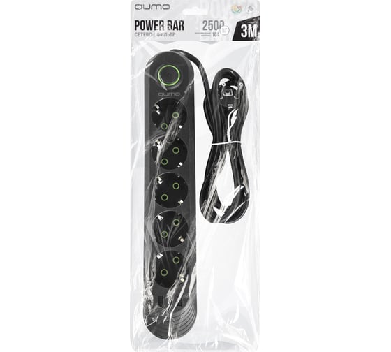 Сетевой фильтр QUMO Power Bar Light SPFS (P-0009), 5 розеток, 2500 Вт, 10A, кабель 3м 3*0,75 мм CCA, пожаробезопасный пластик, евровилка, 3 USB-A порта 1A суммарно (цвет черный) 51555