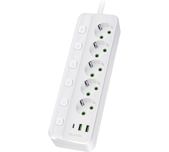 Сетевой фильтр QUMO Power Bar SPFSU (P-0009), 5 выключаемых розеток, 2500 Вт, 10A, кабель 3м 3*1 мм чистая медь, пожаробезопасный пластик, евровилка, 2 USB-A и 1 Type-C порт 2,4A суммарно (цвет белый) 51558