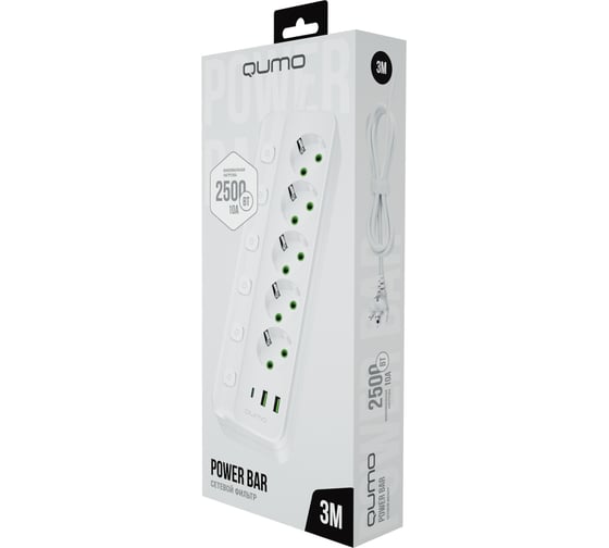 Сетевой фильтр QUMO Power Bar SPFSU (P-0009), 5 выключаемых розеток, 2500 Вт, 10A, кабель 3м 3*1 мм чистая медь, пожаробезопасный пластик, евровилка, 2 USB-A и 1 Type-C порт 2,4A суммарно (цвет белый) 51558