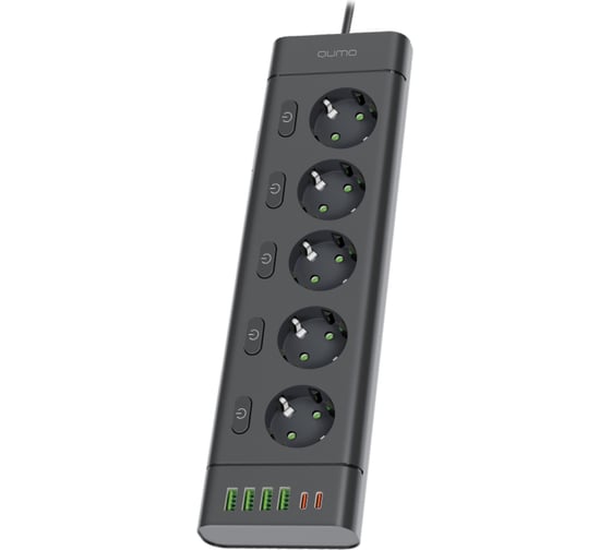 Сетевой фильтр QUMO Power Bar SPFSU2 (P-0009), 5 выключаемых розеток, 2500 Вт, 10A, кабель 2м 3*1 мм чистая медь, пожаробезопасный пластик, евровилка, 4 USB-A и 2 Type-C порт 2,4A суммарно (цвет черный) 51561