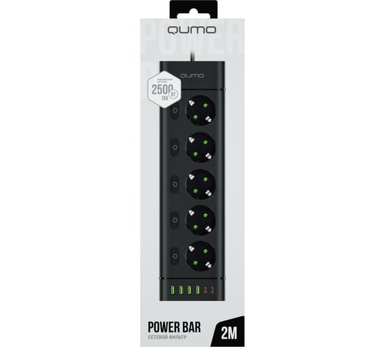 Сетевой фильтр QUMO Power Bar SPFSU2 (P-0009), 5 выключаемых розеток, 2500 Вт, 10A, кабель 2м 3*1 мм чистая медь, пожаробезопасный пластик, евровилка, 4 USB-A и 2 Type-C порт 2,4A суммарно (цвет черный) 51561