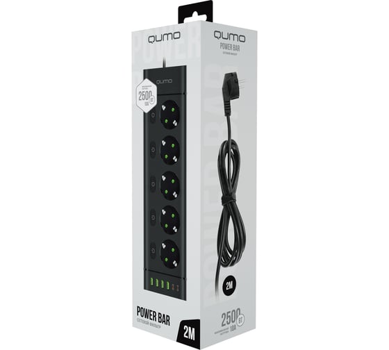 Сетевой фильтр QUMO Power Bar SPFSU2 (P-0009), 5 выключаемых розеток, 2500 Вт, 10A, кабель 2м 3*1 мм чистая медь, пожаробезопасный пластик, евровилка, 4 USB-A и 2 Type-C порт 2,4A суммарно (цвет черный) 51561