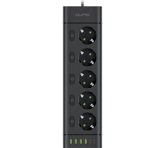 Сетевой фильтр QUMO Power Bar SPFSU2 (P-0009), 5 выключаемых розеток, 2500 Вт, 10A, кабель 3м 3*1 мм чистая медь, пожаробезопасный пластик, евровилка, 4 USB-A и 2 Type-C порт 2,4A суммарно (цвет черный) 51563 1