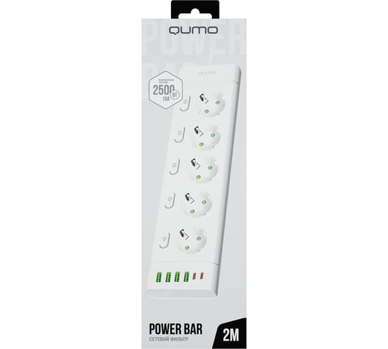 Сетевой фильтр QUMO Power Bar SPFSU2 (P-0009), 5 выключаемых розеток, 2500 Вт, 10A, кабель 2м 3*1 мм чистая медь, пожаробезопасный пластик, евровилка, 4 USB-A и 2 Type-C порт 2,4A суммарно (цвет белый) 51560
