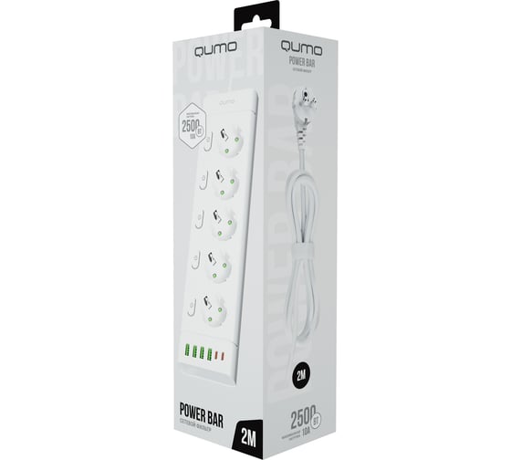 Сетевой фильтр QUMO Power Bar SPFSU2 (P-0009), 5 выключаемых розеток, 2500 Вт, 10A, кабель 2м 3*1 мм чистая медь, пожаробезопасный пластик, евровилка, 4 USB-A и 2 Type-C порт 2,4A суммарно (цвет белый) 51560