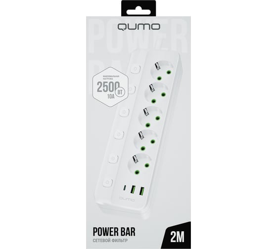 Сетевой фильтр QUMO Power Bar SPFSU (P-0009), 5 выключаемых розеток, 2500 Вт, 10A, кабель 2м 3*1 мм чистая медь, пожаробезопасный пластик, евровилка, 2 USB-A и 1 Type-C порт 2,4A суммарно (цвет белый) 51556