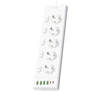 Сетевой фильтр QUMO Power Bar SPFSU2 (P-0009), 5 выключаемых розеток, 2500 Вт, 10A, кабель 3м 3*1 мм чистая медь, пожаробезопасный пластик, евровилка, 4 USB-A и 2 Type-C порт 2,4A суммарно (цвет белый) 51562