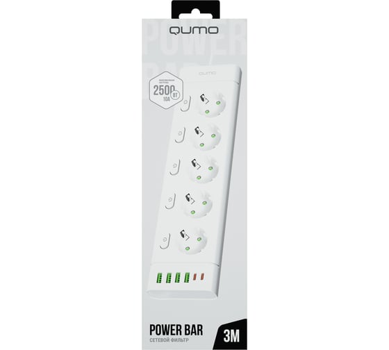 Сетевой фильтр QUMO Power Bar SPFSU2 (P-0009), 5 выключаемых розеток, 2500 Вт, 10A, кабель 3м 3*1 мм чистая медь, пожаробезопасный пластик, евровилка, 4 USB-A и 2 Type-C порт 2,4A суммарно (цвет белый) 51562