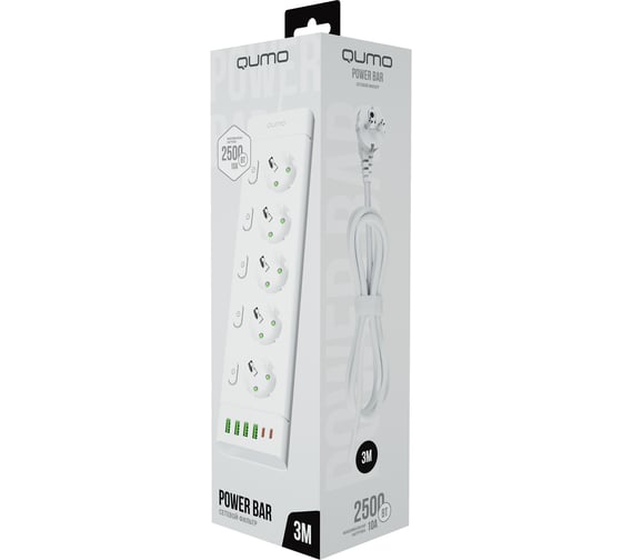 Сетевой фильтр QUMO Power Bar SPFSU2 (P-0009), 5 выключаемых розеток, 2500 Вт, 10A, кабель 3м 3*1 мм чистая медь, пожаробезопасный пластик, евровилка, 4 USB-A и 2 Type-C порт 2,4A суммарно (цвет белый) 51562