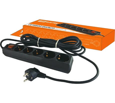 Сетевой фильтр TDM ELECTRIC удлинитель с выключателем СФ-05В, 5 гнезд, 1,5 метра, с заземлением, ПВС 3х1мм2 16А/250В черный SQ1304-0001