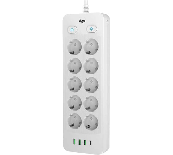 Сетевой фильтр AGNI плоский 10 розеток c кабелем 2м,белый,4 USB TP-FO4U10E-2m-white