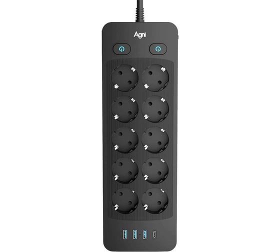 Сетевой фильтр AGNI плоский 10 розеток c кабелем 2м,черный,4 USB TP-FO4U10E-2m-black