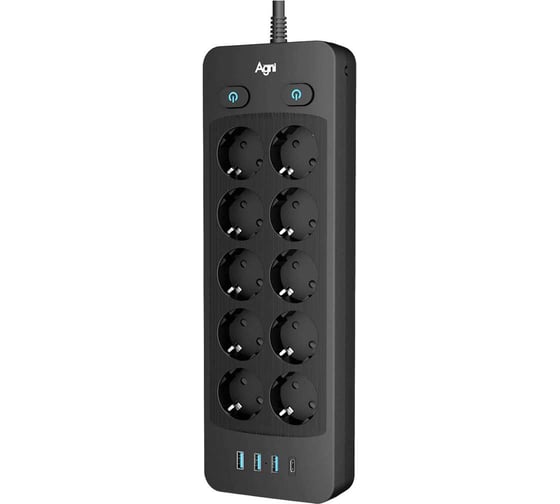 Сетевой фильтр AGNI плоский 10 розеток c кабелем 2м,черный,4 USB TP-FO4U10E-2m-black