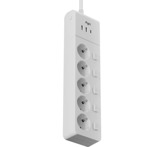 Сетевой фильтр AGNI плоский, 5 розеток, c кабелем 2м, белый 3 USB TP-FI3U5E-2m-white