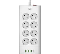 Сетевой фильтр AGNI плоский, 8 розеток, кабель 2м, 3USB, 1TYPE-C 20W, белый TP-FA4U8E-C-2m-white