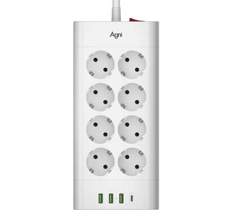Сетевой фильтр AGNI плоский, 8 розеток, кабель 2м, 3USB, 1TYPE-C 20W, белый TP-FA4U8E-C-2m-white