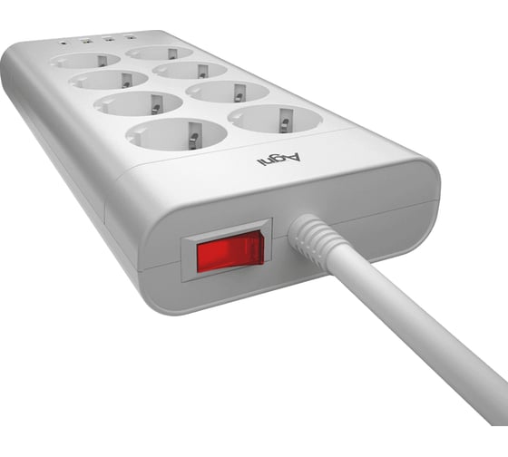 Сетевой фильтр AGNI плоский, 8 розеток, кабель 2м, 3USB, 1TYPE-C 20W, белый TP-FA4U8E-C-2m-white