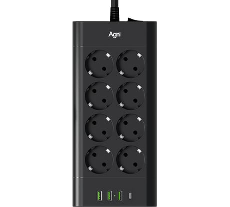 Сетевой фильтр AGNI плоский, 8 розеток, кабель 2м, 3USB, 1TYPE-C 20W, черный FA TP-FA4U8E-C-2m-black