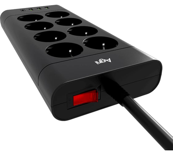 Сетевой фильтр AGNI плоский, 8 розеток, кабель 2м, 3USB, 1TYPE-C 20W, черный FA TP-FA4U8E-C-2m-black