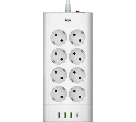 Сетевой фильтр AGNI плоский, 8 розеток, кабель 3м, 3USB, 1TYPE-C 20W, белый TP-FA4U8E-C-3m-white