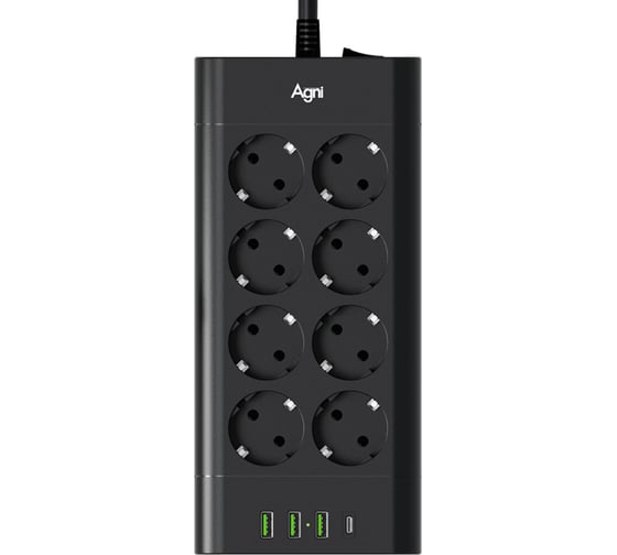 Сетевой фильтр AGNI плоский, 8 розеток, кабель 3м, 3USB, 1TYPE-C 20W, черный FA TP-FA4U8E-C-3m-black 1