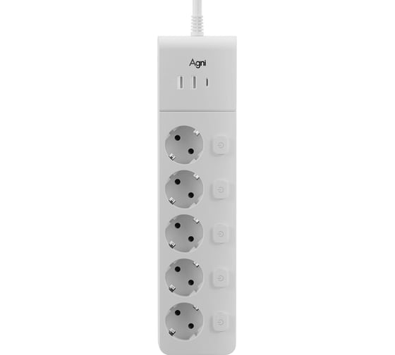 Сетевой фильтр AGNI плоский, 5 розеток, с кабелем 3м, белый,3 USB TP-FI3U5E-3m-white