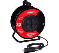 Удлинитель силовой REXANT КГ на катушке 4 гнезда, с/з, 30м, 3x2,5мм², IP44 с выключателем, c защитными крышками, металлическая катушка 13-5014