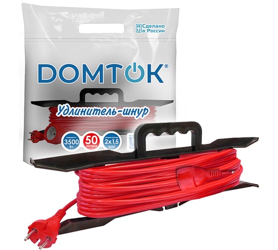 Удлинитель-шнур на рамке DOMTOK ПВС 2*1,5, 3,5кВт, без заземления, 50м 2503