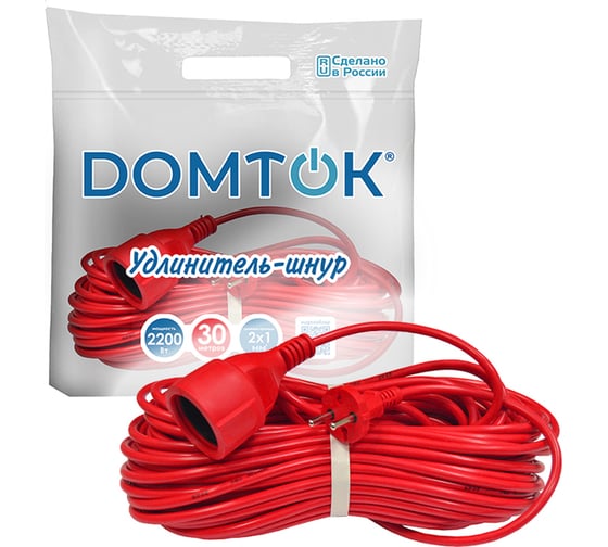 Удлинитель-шнур DOMTOK ПВС 2*1, 2,2кВт, без заземления, 30м 2490