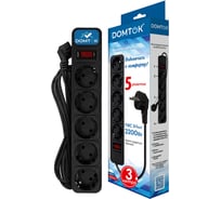 Фильтр-удлинитель DOMTOK 5 гнезд, ПВС 3*1, 10А/2,2кВт, выключатель с индикацией, с заземлением, черный, 3м 2538
